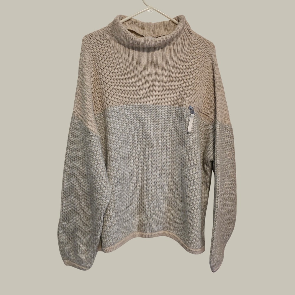 Varley Womens Chunky Knit Sweater Size XL Beige Grey Mock Neck Cozy Minimalist